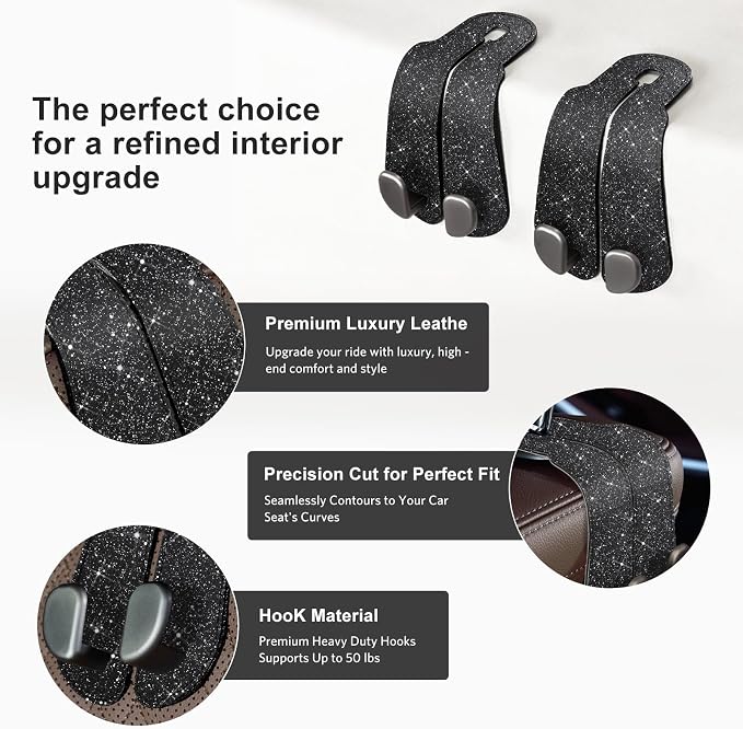 CoBak Purse Hook for Car - Universal Premium Stitched Leather and Aluminum-Magnesium Alloy Double Car Seat Back Storage Hook for Purses, Handbags, Bags (2 Pack),Glitter Black - Image 2