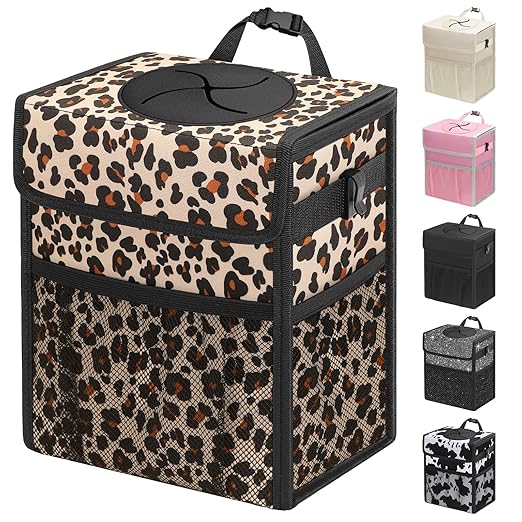 Capolo Car Trash Can with Lid, Leakproof Car Garbage Can Car Trash Bag | Waterproof, Trash Can for Car, 3 Mesh Pockets, Mini Hanging Vehicle Car Trash Bin, for Back/Front Seat (Leopard,2.5 Gal) by Capolo