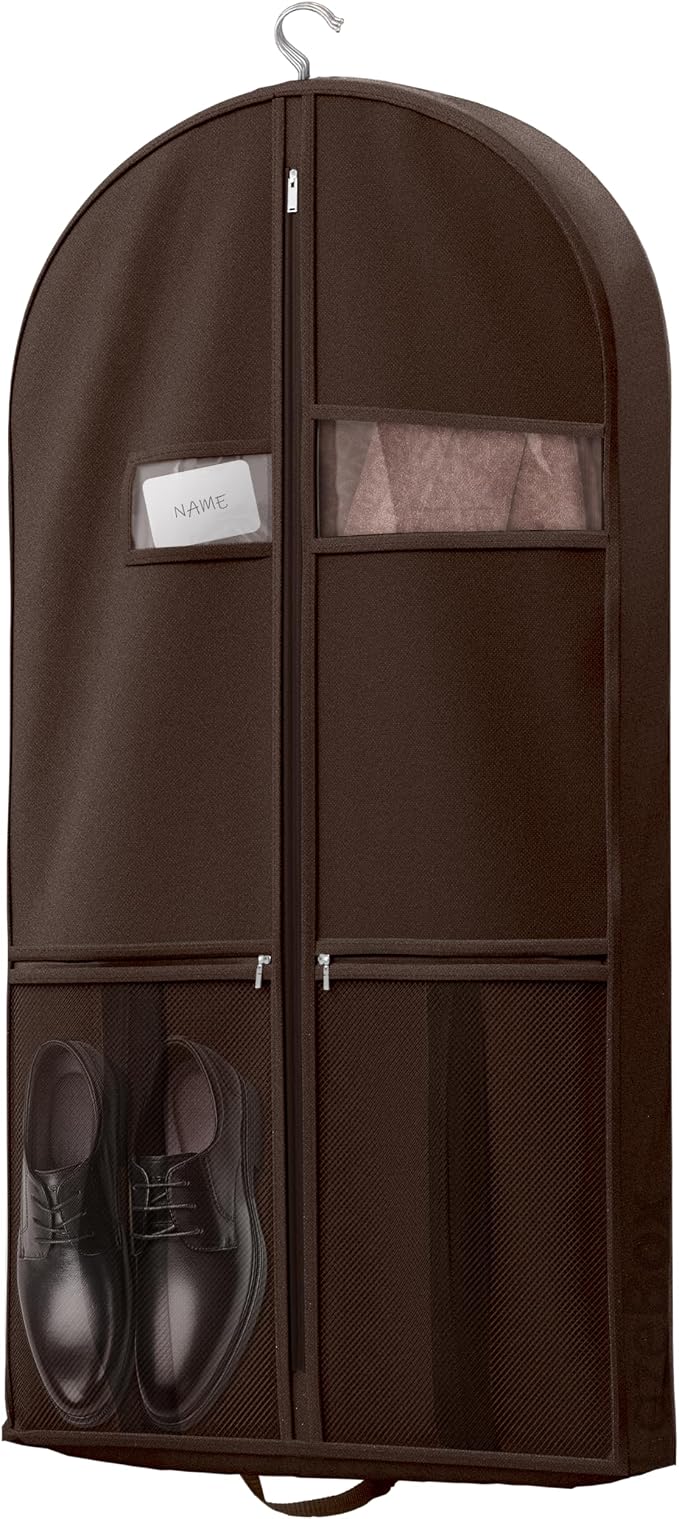 Lazebox 43" Travel Garment Bag with Accessories Zipper Pocket, Heavy Duty Suit Bag for Suits, Tuxedos, Dresses, Coats, Brown, 1 pack by Lazebox