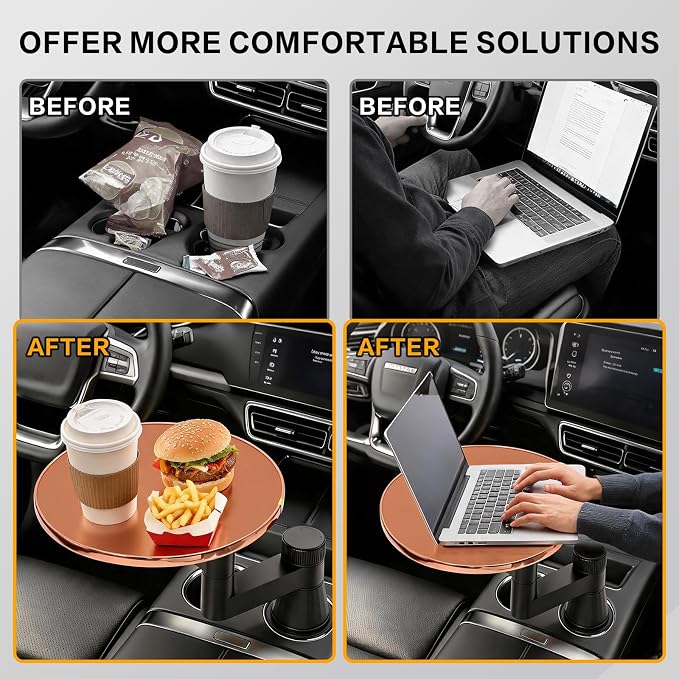 Car Tray Table & Car Desk for Laptop, Dual 360° Rotating Cup Holder Tray, Anti-Slip Leather-Textured Car Food Tray for Eating, Working & Makeup, Compatible with Tesla Model Y/3/S & Most Vehicles - Image 4