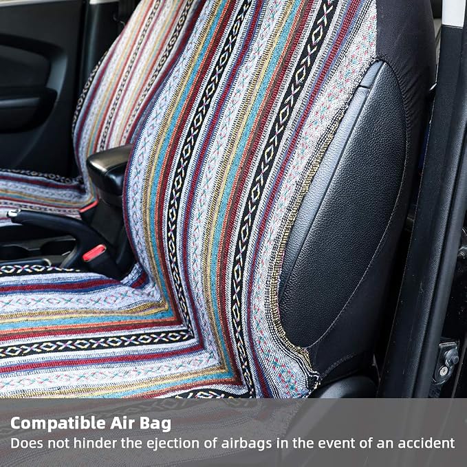 Car Seat Cover Hippie Boho Baja Saddle Blanket 4PCS Front Set Grey | Breathable, Washable without Fading, Anti-Slip, Airbag Compatible, Universal Fit for Most Automotive, Sedan, SUVs - Image 4
