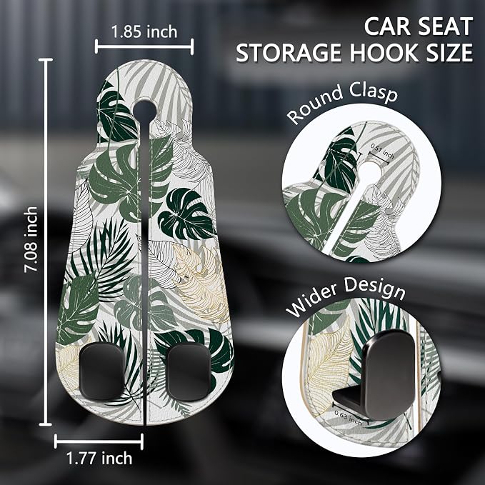Blusabaca 2PCS Car Seat Headrest Hooks, Purses Bags Holder, Tropical Leaf | PU Leather, Double Metal Back Storage Hangers for Grocery Bags Handbags Bottles Coats Phones, Car Accessories Organization - Image 5