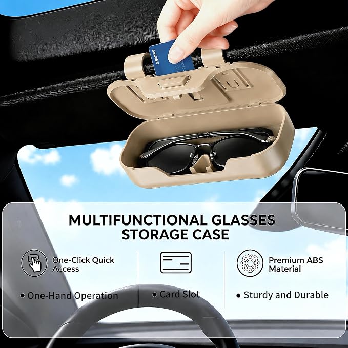 Car Sun Visor Sunglasses Holder,Beige ABS Eyeglasses Case | Card Storage,Soft Flocked Interior,Anti-Rattle Triangle Slot,Double Clips,Push Button Access,Scratch Protection,Universal Fit - Image 2