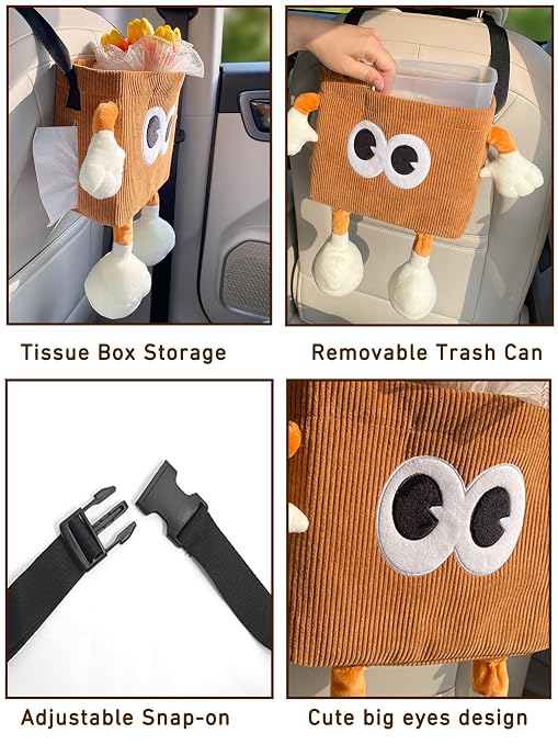 Car Cute 2 in 1 Trash Can with Tissue Holder Box Seat Back Bag Hanging Over the Seat Organizer Plush Cartoon Animal Storage Garbage,Brown - Image 3