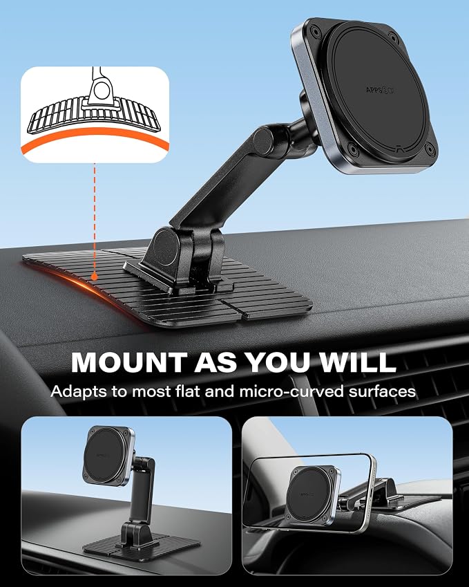 APPS2Car for Magsafe Car Mount, Magnetic Phone Holder for Car, 360° Adjustable Cell Phone Mount with Large Adhesive Base, Fits Flat & Curved Dashboards, Compatible with iPhone, Samsung, Smartphones - Image 3