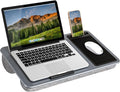LAPGEAR Home Office Lap Desk – Silver Carbon, Fits 15.6” Laptops | Built-In Mouse Pad & Phone Slot, Integrated Device Ledge, Dual-Bolster Microbead Cushion, Carry Handle by LapGear
