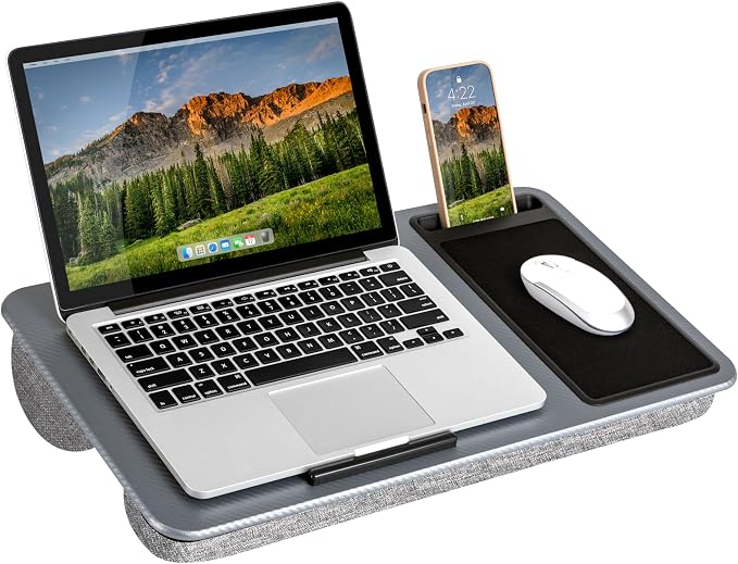 LAPGEAR Home Office Lap Desk – Silver Carbon, Fits 15.6” Laptops | Built-In Mouse Pad & Phone Slot, Integrated Device Ledge, Dual-Bolster Microbead Cushion, Carry Handle by LapGear
