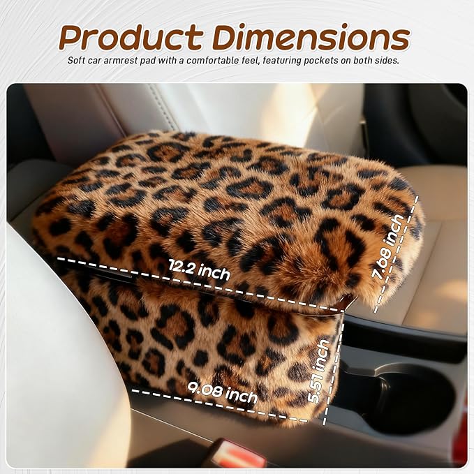 Fluffy Car Armrest Cover with Side Pockets – Plush Fuzzy Fur Center Console Armrest Cushion Pad, Universal Winter Car Interior Protector, Soft Arm Rest Cover with Storage for Women & Men (Leopard) - Image 2