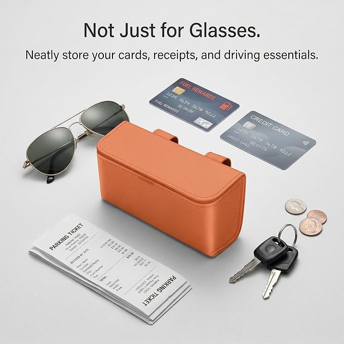Magnetic Sunglasses Holder for Car Visor, PU Leather Clip, Orange | Soft Inner Lining, One-Handed Access, Holds Eyeglasses, Parking Tickets and Receipts, For Cars, SUVs and Trucks, 1 Pack - Image 5