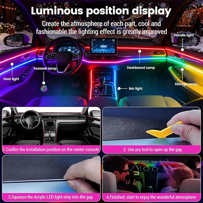 Dream Color Acrylic Interior Car Ambient Light Kit, Bphuny 30 in 1 593 LEDs Fiber Optic Multiple Modes Decoration Atmosphere Lights with Music Dynamic Rainbow Rhythm, RGB Neon Lights for All Cars - Image 5