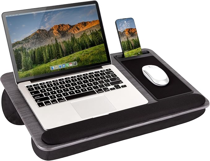 LAPGEAR Home Office Pro Lap Desk - Gray Woodgrain, Fits 15.6” Laptops | Built-In Mouse Pad & Phone Slot, Wide Cushioned Wrist Rest, Dual-Bolster Microbead Cushion, Carry Handle by LapGear