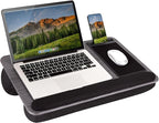 LAPGEAR Home Office Pro Lap Desk - Gray Woodgrain, Fits 15.6” Laptops | Built-In Mouse Pad & Phone Slot, Wide Cushioned Wrist Rest, Dual-Bolster Microbead Cushion, Carry Handle by LapGear