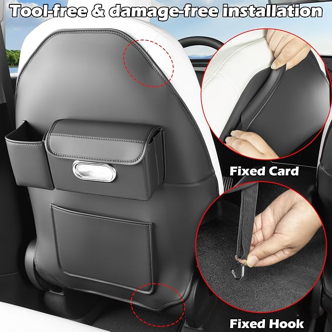 TOPABYTE Seat Back Kick Protector Organizer for Tesla Model Y Model 3 | Backseat Kick Mats with Storage Pockets for Model Y Juniper Model 3 Highland Tissue Holder Rear Passenger Organization, Black - Image 7