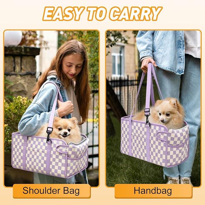 Console Dog Car Seat for Small Dogs, Foldable Booster Seat,Purple Checkered | Portable Booster Seat Sits On Car Console/ Armrest. Foldable for Easy Storage. for Center Console, Easy To Clean. - Image 7