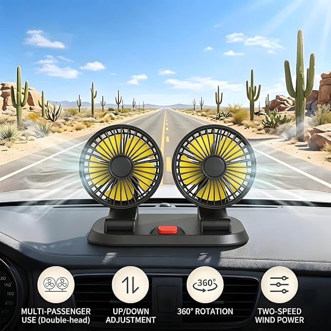 12V Dual Car Fan SUV/Truck/RV, 2-Speed 360° Rotate, Cigarette Lighter Plug | Universal compatibility (cars/trucks/RVs/tractors/UTVs)，Dual-head independent 360° rotation，12V cigarette lighter powered - Image 5