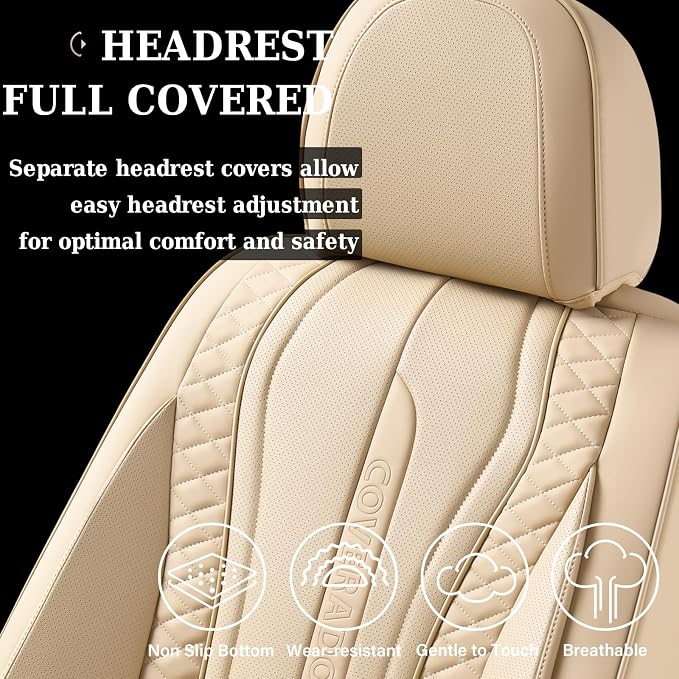 Coverado Car Seat Covers Full Set, Leather Seat Coversfor Cars, Front and Back Seat Covers, Waterproof Car Seat Protectors Car Seat Cushions Universal for Most Vehicles, Beige - Image 6
