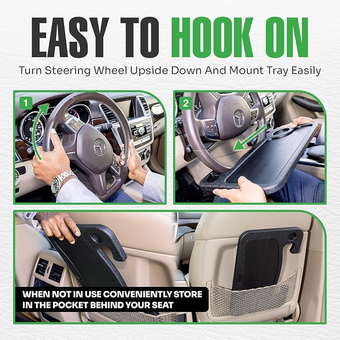 lebogner Steering Wheel Tray, Car Food Trays for Eating with iPad Tablet Slot, Multipurpose Double-Sided Hook On Travel Auto Steering Wheel Desk Table for Laptop & Notebook with Cup Holder, Dark Blue - Image 4