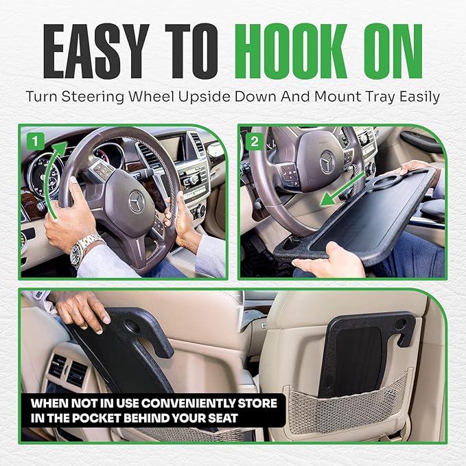 lebogner Steering Wheel Tray, Car Food Trays for Eating with Tablet Slot, Multipurpose Double-Sided Hook On Travel Auto Steering Wheel Desk Table for Laptop & Notebook with Cup Holder, Grey - Image 4