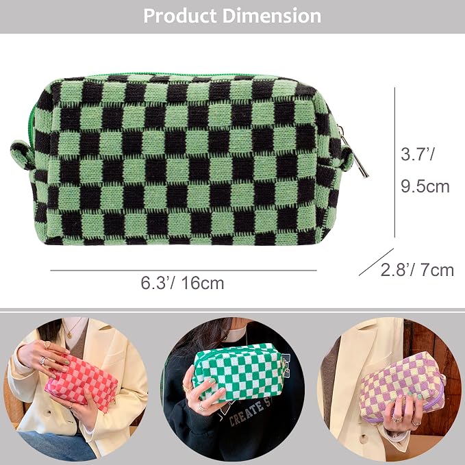 PAZIMIIK Checkered Makeup Bag for Purse Portable Zipper Make Up Pouch Small Cosmetic Case for Travel Accessories (Green Black) | Cute Zipper Makeup Organizer for Women, Travel Essentials, Toiletries, Makeup Brushes, Beauty Accessories&Bridesmaid Gifts - Image 3