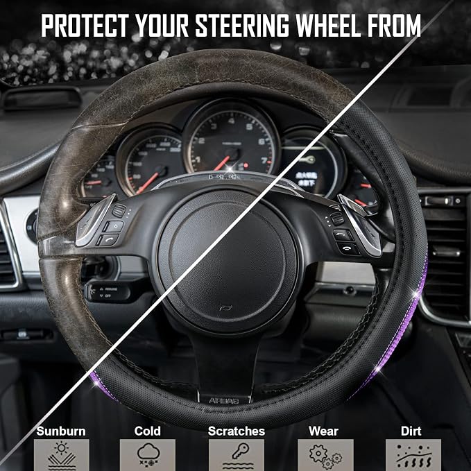 CAR PASS Bling Diamond Black Leather Steering Wheel Cover, Studded Crystal Rhinestones Universal Fit 14" 1/2-15" Glitter for Women Sparkle Girl Fit Suvs,Vans,Sedans,Car,Trucks, Purple Diamond - Image 8