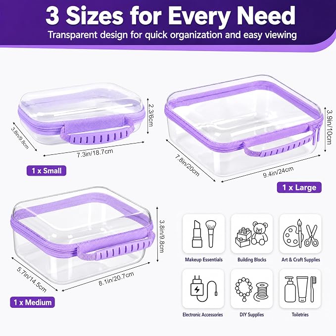 Clear Hard Shell Zipper Case 3PCS Set, 1.2mm PET Travel Organizer | Deep waterproof stackable storage pouches with handle. Heavy duty clear zipper bags for travel, makeup, toys and snacks - Image 2