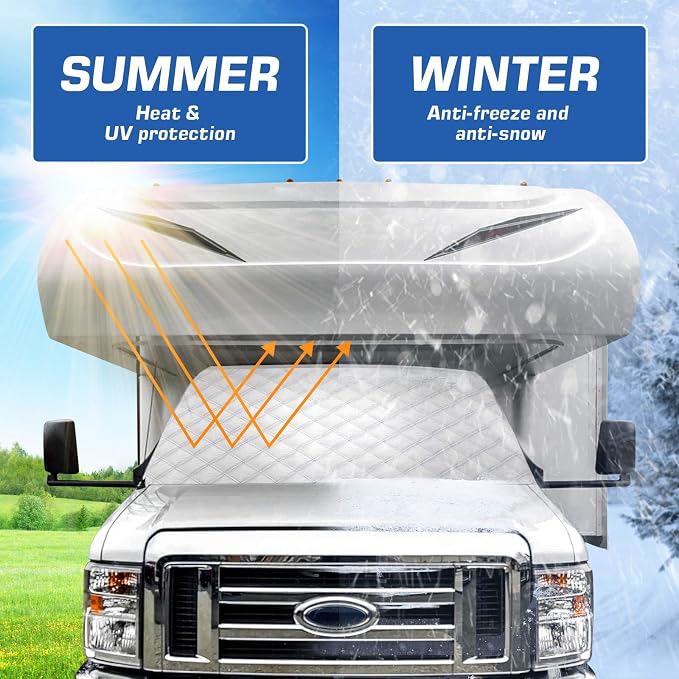 BougeRV RV Windshield Window Snow Cover Fit for Class C Ford E450 1997-2026 | Motorhome Windshield Cover for Ice and Snow Front Window Sunshade Cover RV Accessories 4 Layers with Mirror Cutouts, Silver - Image 3