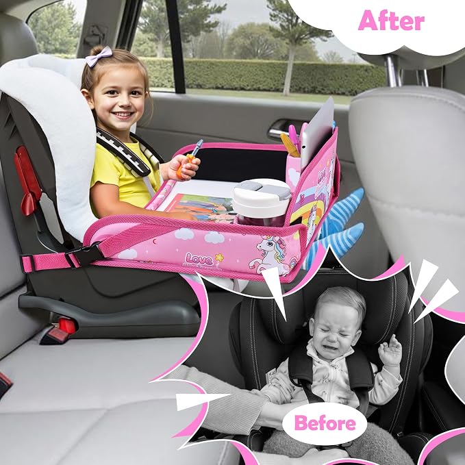 Toddler Car Seat Travel Tray FOR Road Trip Activities, Pink Unicorn | Kids Carseat Tray With 16.7" x 13.4" Smooth Dry Erase Board, Cup holders, Ddjustable Strap & Shoulder Carry Strap - Image 2