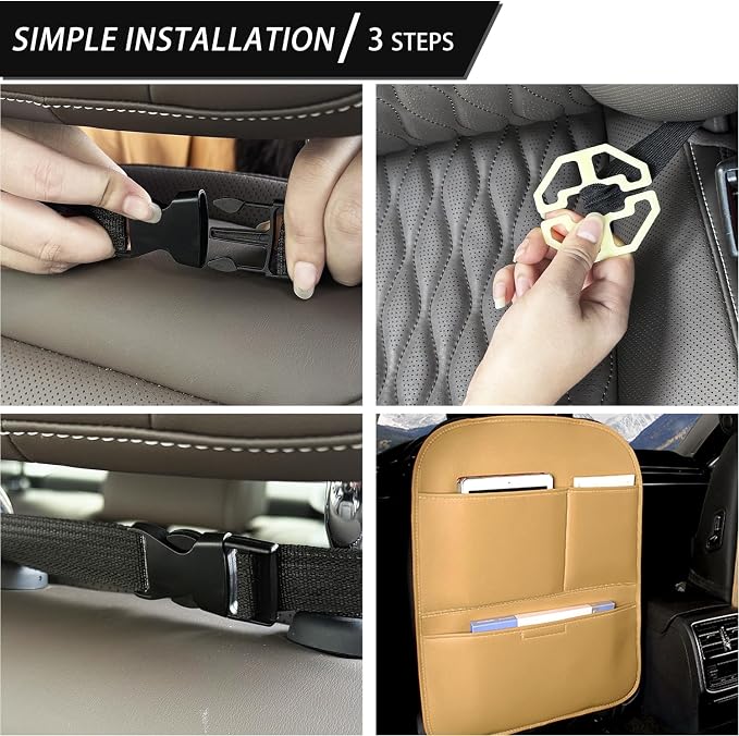 Kick Mat Back Seat Protector， Waterproof Leather Car Seat Back Organizers Cover with 3 Storage Pockets for Kids Pets SUV Sedan Minivan Truck Car Travel Accessories (Cayenne Yellow 2-pack) - Image 5
