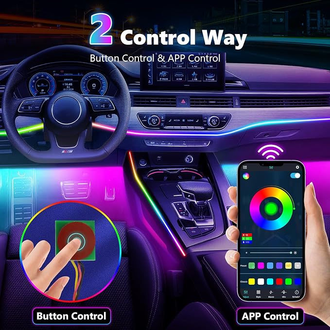 Acrylic Interior Car Light, AMKI Car LED Strip Light with APP Sub Control, Car Accessories Fiber Optic Car Ambient Light Kit with RGB Dreamcolor 22 in 1 and 175 inches 593 LEDs 213 DIY and Music Modes - Image 6