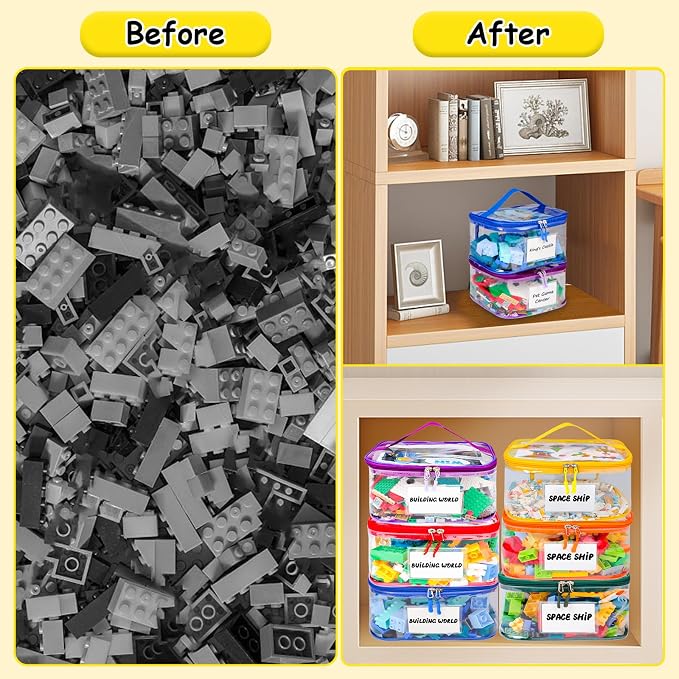 Tesuko 6 Pack Clear Toy Storage Bag with Name Tag& Manual Pocket, Waterproof Transparent PVC Toy Organizer Case for Lego Bricks, Board Games, Building Blocks, Puzzles (Large Capacity, Colorful) - Image 6