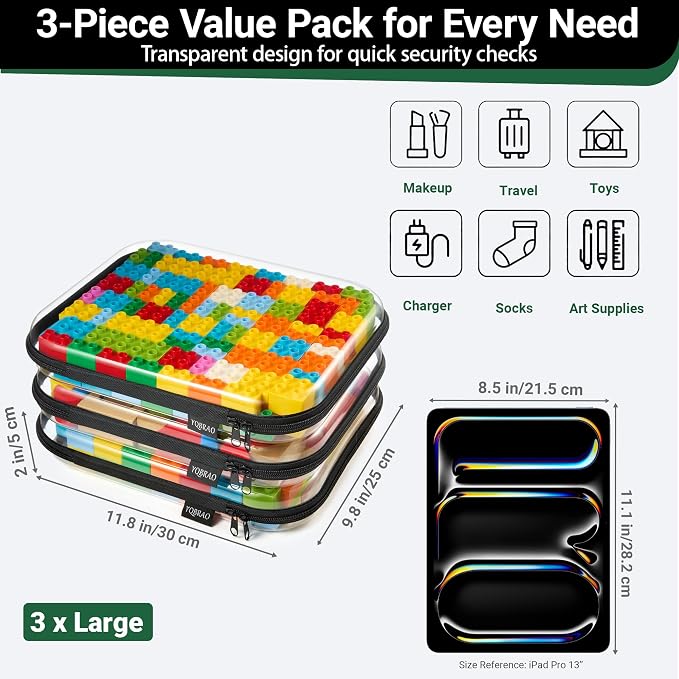 YQBRAO Clear Hard Shell Zipper Cases, 3 Large Travel Organizers, Black | Rigid 1.2 mm PET and YKK dual zippers for full-size toiletries, makeup palettes, electronics and craft supplies - Image 4