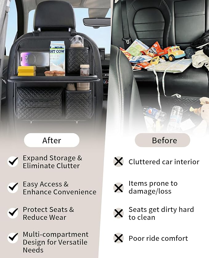 PU Leather Backseat Car Organizer with Foldable Tray & Tablet Holder Black | Luxury diamond stitching,anti-rattle design,universal vehicle compatibility,family road trip essential storage - Image 3