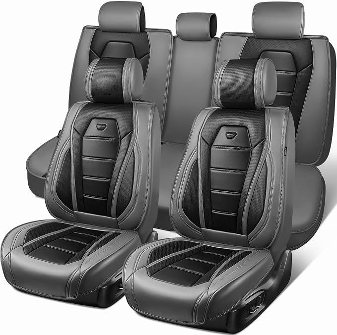 CAR PASS Nappa Leather Car Seat Covers Full Set Faux Leather, Black Gray | Luxury Nappa Leather,360° Full Protection,Water resistant,3D Foam Comfort,Universal Fit for Most Cars SUV Truck,Scratch proof by CARPASS
