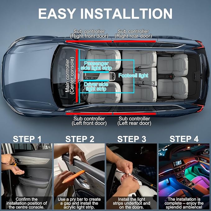 Dreamcolor Acrylic Interior Car LED Strip Lights, 6 in 1 Ambient Lighting Kit with Wireless APP, Dynamic Chasing Music Sync Fiber Optic Lights with DIY Mode, Car Inside Lighting Accessories - Image 5