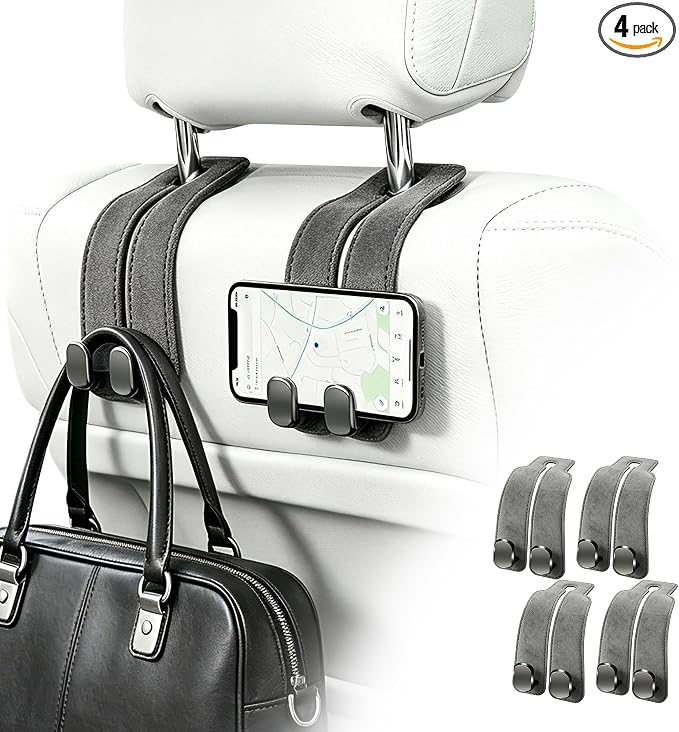 SUKIPIN Car Hooks, Car Seat Headrest Hooks for Purses and Bags 4-Pack Gray | Car Accessories for Women, Solid Durable Construction, Quick Tool-free Mounting, Universal Fit for Most Vehicle Headrests by SUKIPINDirect