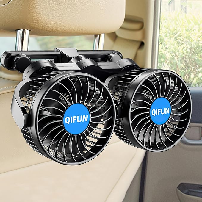 QIFUN 12V Car Fan, Portable Car Fan Cool Gadgets for Rear Seat Passenger, 4'' Headrest 360° Rotatable Backseat Car Cooling with Stepless Speed Regulation for Vehicles, SUV, RV, Boat by QIFUN