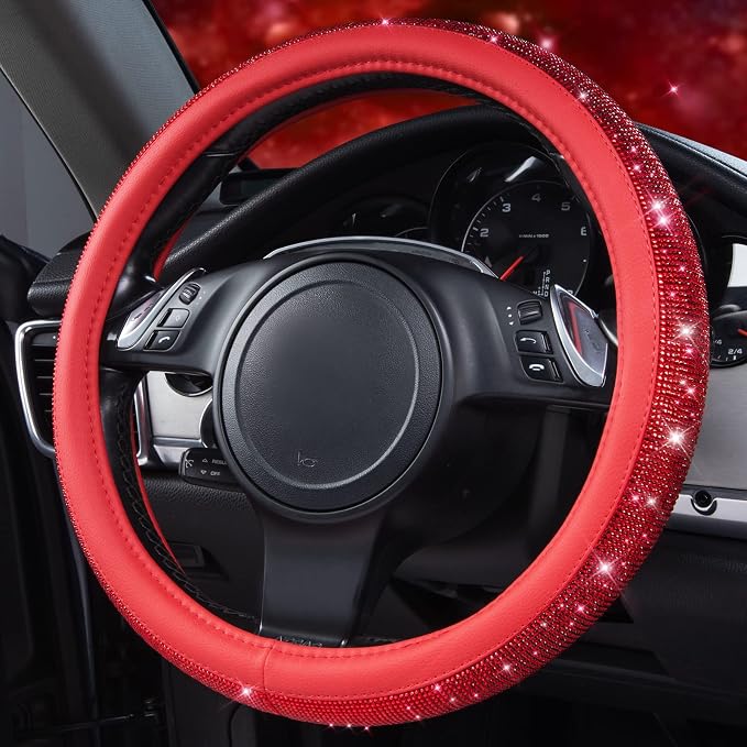 CAR PASS Bling Diamond Leather Steering Wheel Cover, with Bling Sparkly Crystal Glitter Rhinestones Universal Fit 14" 1/2-15" Car Wheel Protect for Women Girl Fit Suvs,Vans,Sedans,Cars,Trucks, Red - Image 5