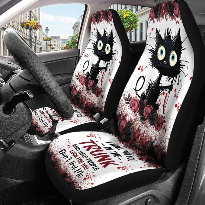 GENANY Spooky Black Cat Car Seat Covers, 2-Piece Front Seat Set | 2-piece polyester front seat cover set, each 49.5 x 19.6 inches, with adjustable straps and hooks - Image 3