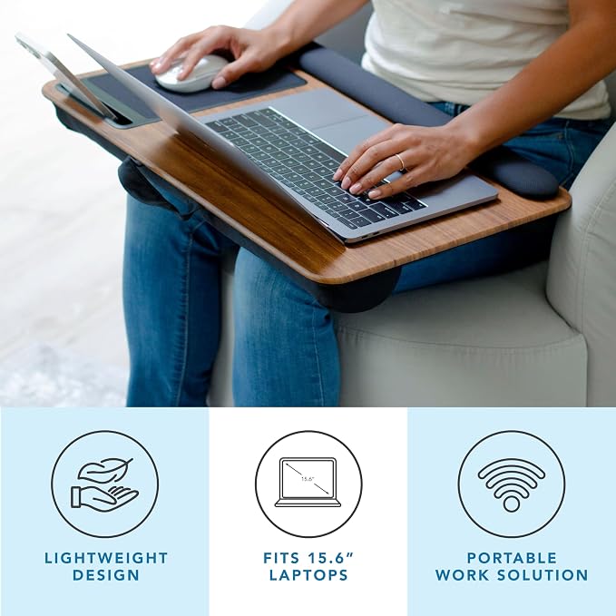 LAPGEAR Home Office Pro Lap Desk – Espresso Woodgrain, Fits 15.6” Laptops | Built-In Mouse Pad & Phone Slot, Wide Cushioned Wrist Rest, Dual-Bolster Microbead Cushion, Carry Handle - Image 2