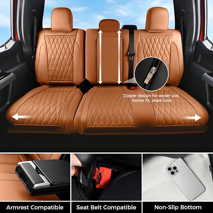 Coverado Premium Leather Full Set Seat Covers Waterproof Heavy-Duty Protectors Custom Fit for Ford F150 (2015-2026) F250/F350/F450 (2017-2026)-Orange, Stain-Resistant - Image 4