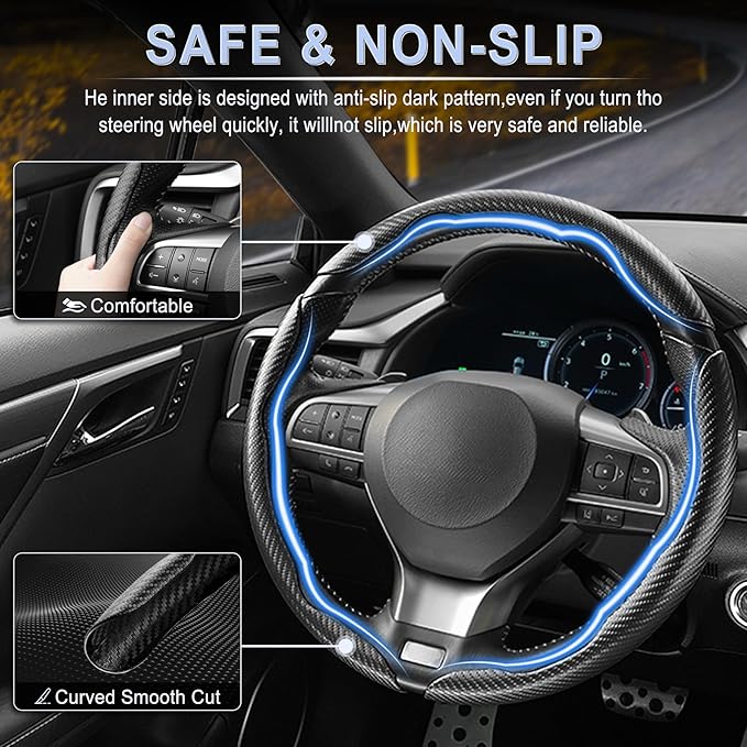 3pcs Carbon Fiber Anti-Skid Steering Wheel Cover, Waterproof & Segmented Butterfly Design, Universal 99% Vehicle Wheel Cover Protector, Car Interior Accessories (Black-3pcs) - Image 3