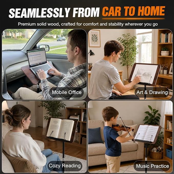Large Adjustable Car Desk with Premium Solid Wood Tabletop, Tilt & 360° Swivel Portable Workstation, Height Adjustable Mobile Car Desk for RV, Home Office, Reading, Gaming and Writing - Image 8