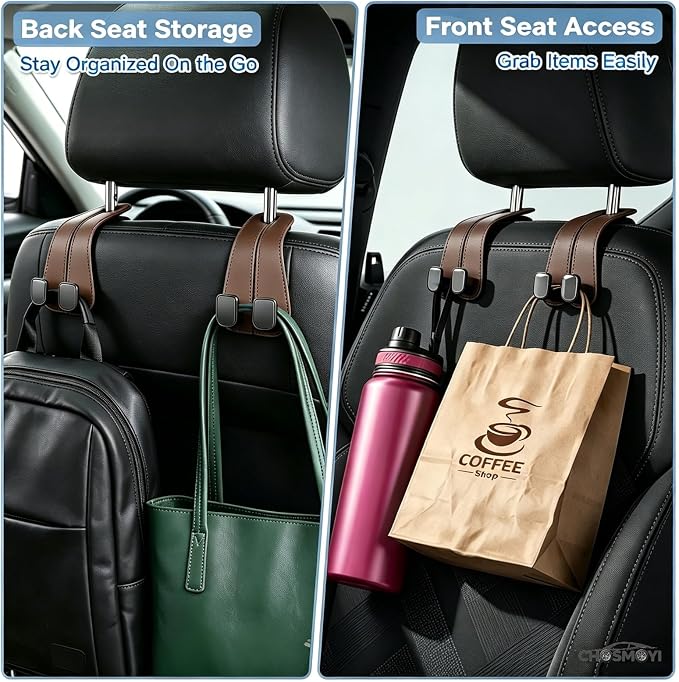 2 Pack Leather Car Headrest Hooks, Heavy Duty Double Car Hooks(Brown) | Anti-Drop Design, Holds Up to 50 lbs, Purse Hanger, Car Seat Organizer, Car Hanging Accessories - Image 3