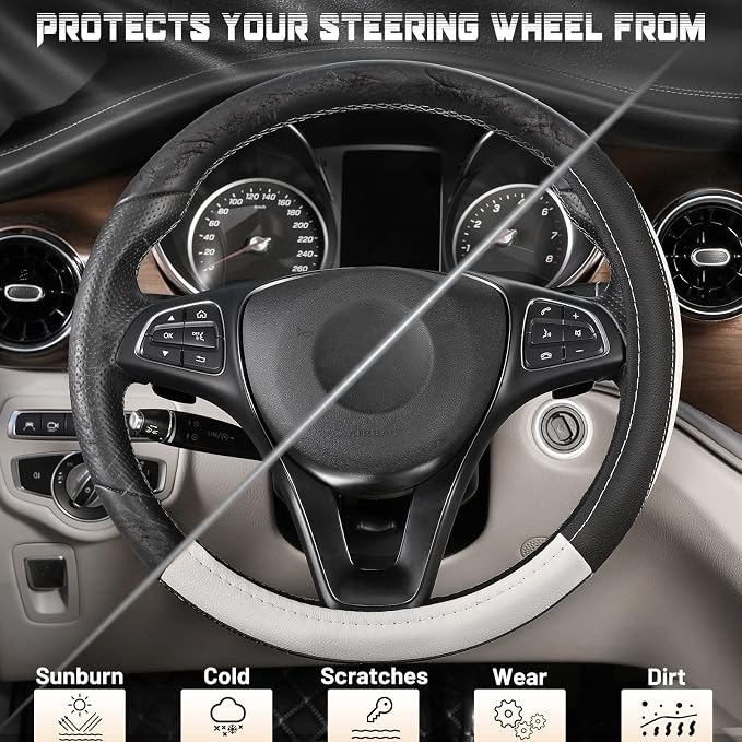 SEG Direct Steering Wheel Cover 14.5-15 inch Car Auto Interior Accessories | Universal Medium Standard Size 37-39cm for Car Truck SUV, Microfiber Leather, Anti-Slip Comfortable Grip, Black and White - Image 4