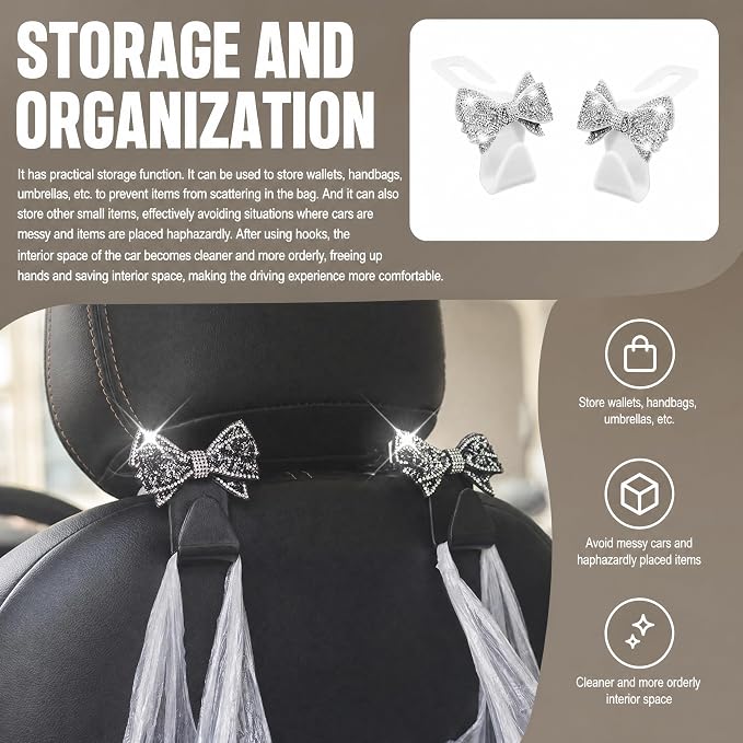 2-Pack Bling Car Seat Headrest Hooks, S Type Crystal Seat Back Hangers, Vehicle Seat Back Storage Hooks, Universal Car Rear Seat Organizer for Handbag, Purse, Coat, Grocery Bags (White) - Image 2