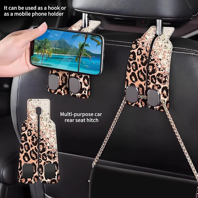 Car Seat Back Storage Headrest Hook, Premium Leather Double Metal Hook, Hanger Storage Organizer for Purse Cloth Bag, Car Interior Accessories Glitter Pink Leopard - Image 2