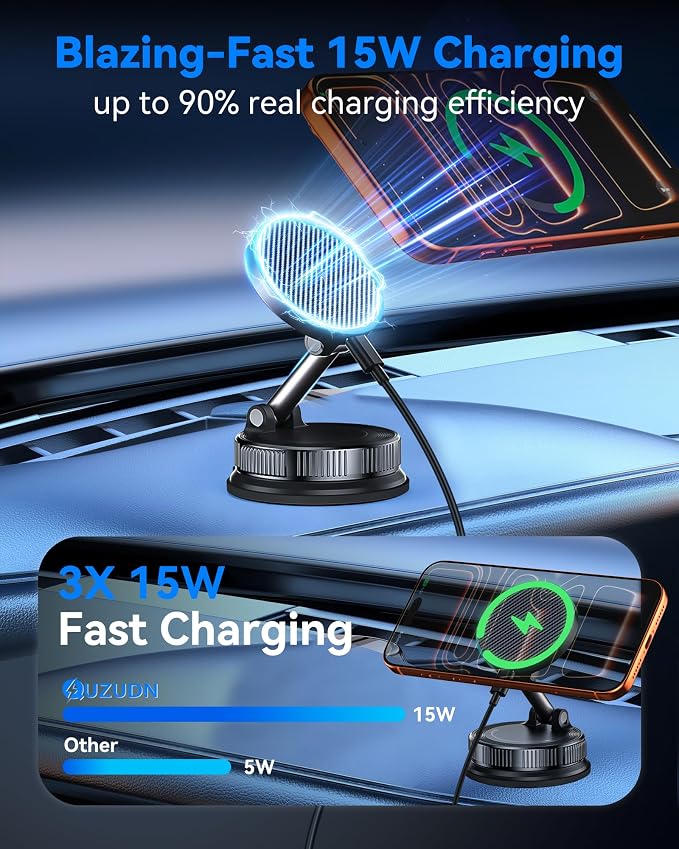 15W MagSafe Car Mount Charger, Magnetic Wireless Car Charger with Vacuum Suction Cup & Nano Adhesive Base, 360° Rotatable Strong Hold Car Phone Mount for iPhone 17 16 15 14 13 12 Series, Samsung S26 - Image 2