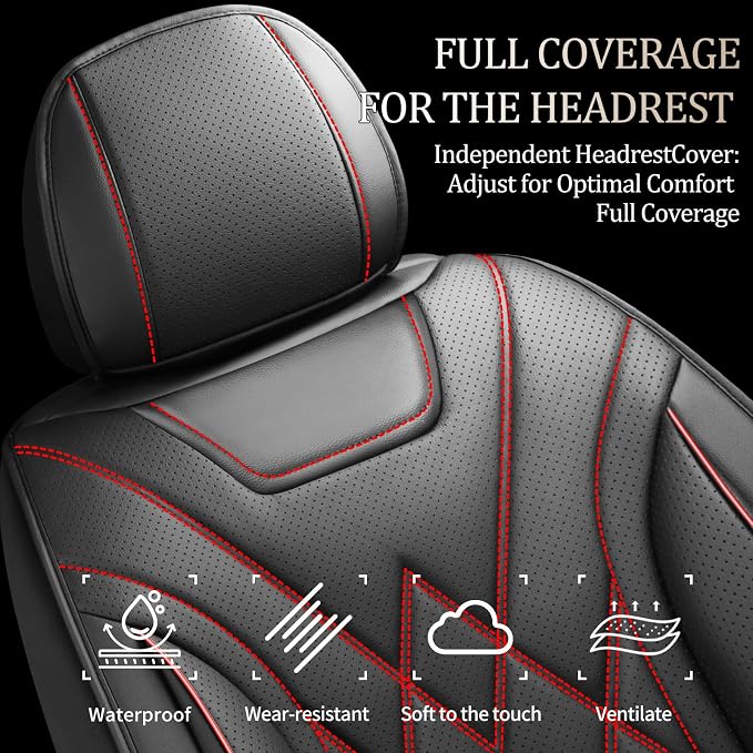 For Subaru Ascent 2019-2025 2026 Car Seat Covers, Front Pair, Redline | Luxury Full Coverage Leather Seat Protectors, Waterproof Breathable, Non-Slip, Easy to Install, Airbag Compatible, All-Season - Image 5