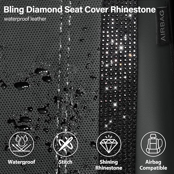 CAR PASS Leather Bling Diamond Car Seat Covers 2 Front Interior Sets, Waterproof Universal Shining Glitter Crystal Sparkle Fit for 95% Automotive Truck SUV Cute Women Girl, Black Rhinestone - Image 4