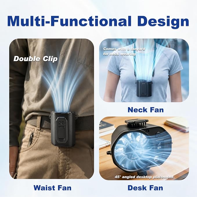 Waist Fan with Clip on: Portable 4-Speed Enlarged Fan-blades Personal Belt Fan with LED Light 6-11H of Working Time Hands-Free Neck Fan - Image 6